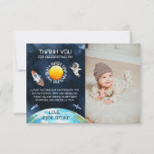 ファーストトリッのまわりにプザサンファースト誕生日宇宙テーマ サンキューカード (正面)