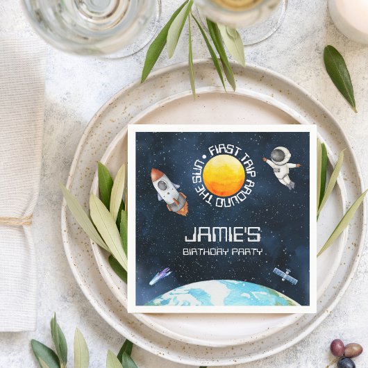 ファーストトリッのまわりにプザサン宇宙テーマ1st誕生日 スタンダードカクテルナプキン