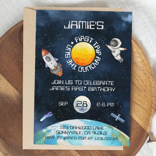 ファーストトリッのまわりにプザサン宇宙テーマ1st誕生日 招待状