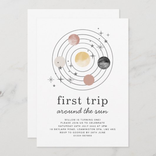 ファーストトリッのまわりにプザサン宇宙誕生日招待状 招待状 (正面/裏面)