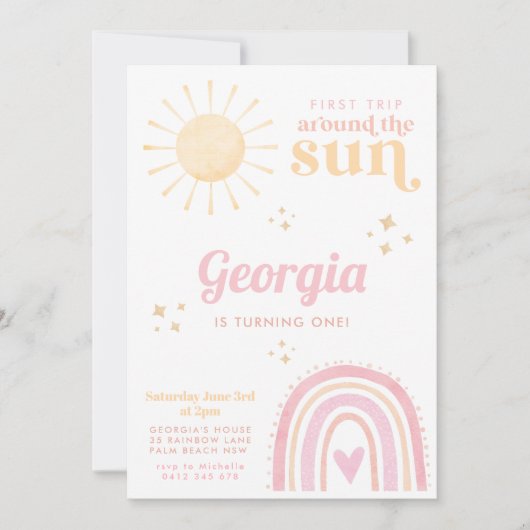 ファーストトリップのまわりにサンピンク虹の第1誕生日 招待状 (正面)