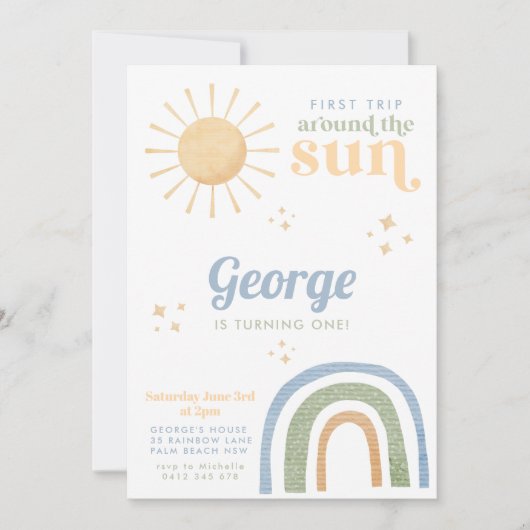 ファーストトリップのまわりにサンボーイレインボー1st誕生日 招待状 (正面)