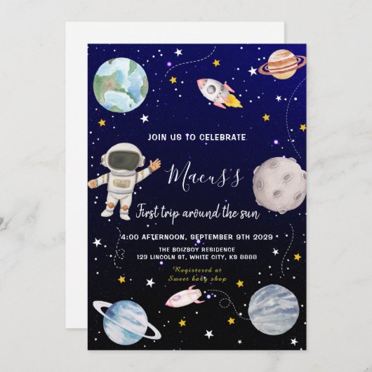 ファーストトリップのまわりにザサンアウタスペース誕生日 招待状 (正面/裏面)