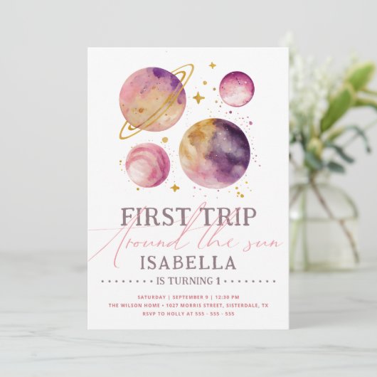ファーストトリップのまわりにザサンピンク宇宙ガール誕生日 招待状 (スタンド正面)