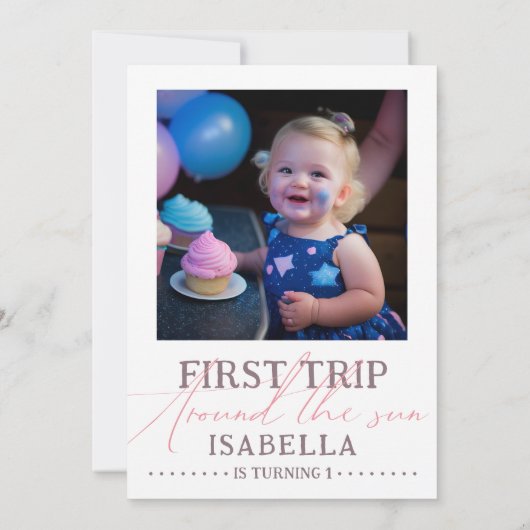 ファーストトリップのまわりにザサンピンク宇宙ガール誕生日 招待状 (裏面)