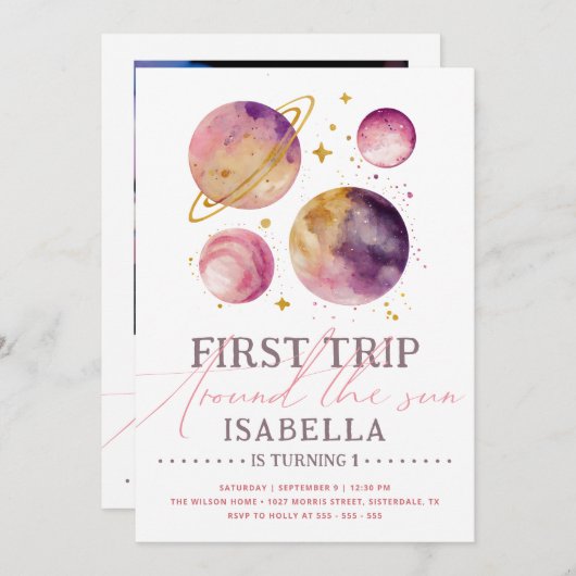 ファーストトリップのまわりにザサンピンク宇宙ガール誕生日 招待状 (正面/裏面)