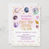 ファーストトリップのまわりにザサンピンク宇宙誕生日 招待状 (正面)