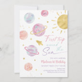 ファーストトリップのまわりにザサンピンク宇宙誕生日 招待状 (正面)
