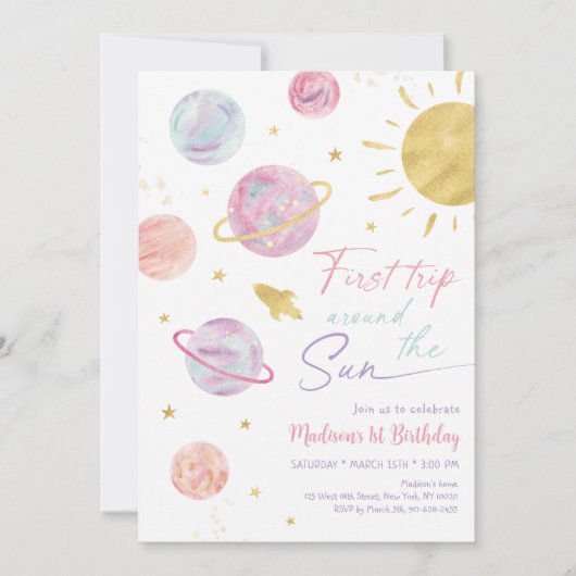 ファーストトリップのまわりにザサンピンク宇宙誕生日 招待状 (正面)