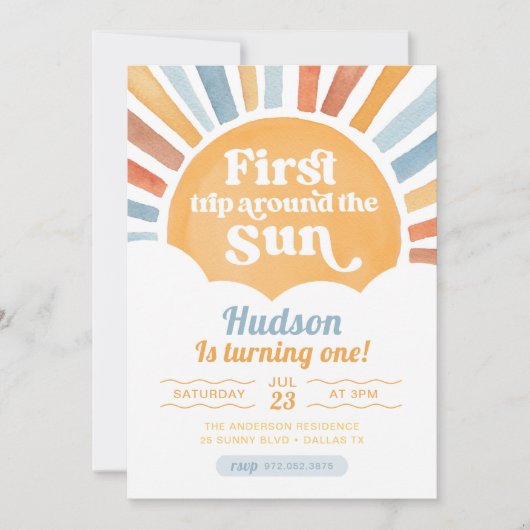 ファーストトリップのまわりにザサンファースト誕生日 招待状 (正面)