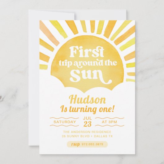 ファーストトリップのまわりにザサンファースト誕生日 招待状 (正面)