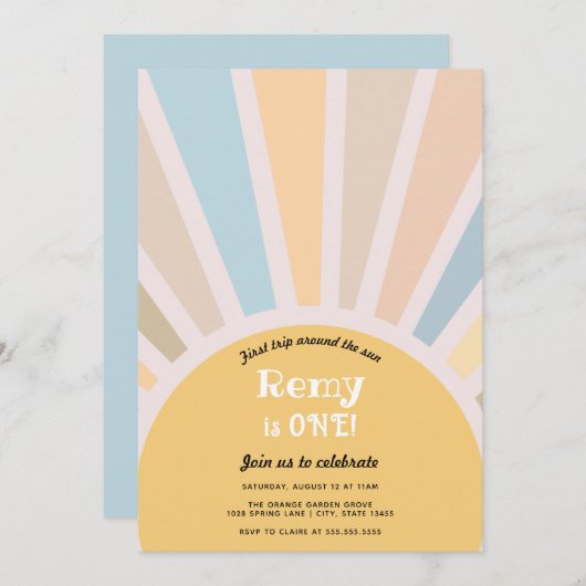 ファーストトリップのまわりにザサンファースト誕生日 招待状 (正面/裏面)