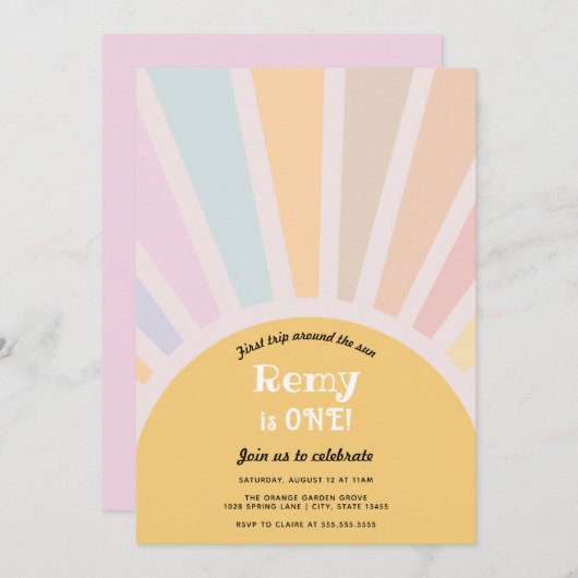 ファーストトリップのまわりにザサンファースト誕生日 招待状 (正面/裏面)