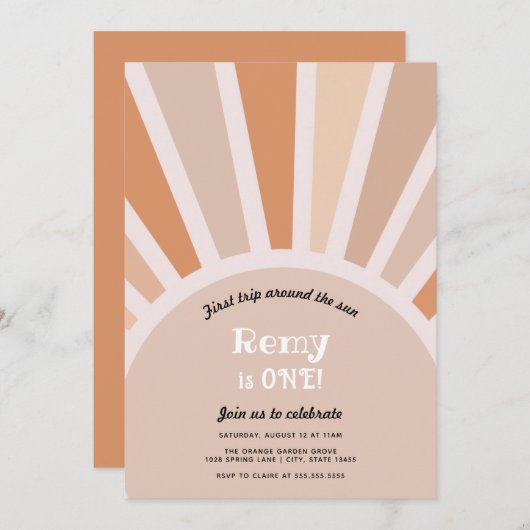 ファーストトリップのまわりにザサンファースト誕生日 招待状 (正面/裏面)