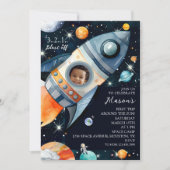 ファーストトリップのまわりにザサンフォトロケット誕生日 招待状 (正面)