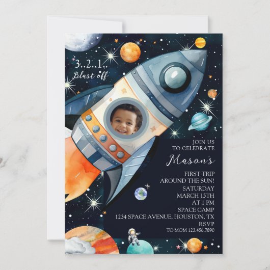 ファーストトリップのまわりにザサンフォトロケット誕生日 招待状 (正面)