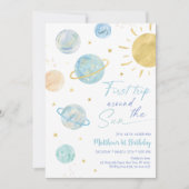 ファーストトリップのまわりにザサンブルー宇宙誕生日 招待状 (正面)