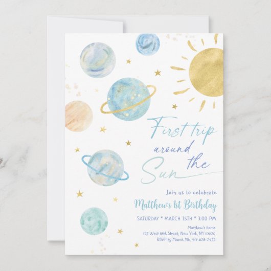 ファーストトリップのまわりにザサンブルー宇宙誕生日 招待状 (正面)