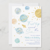 ファーストトリップのまわりにザサンブルー宇宙誕生日 招待状 (正面)