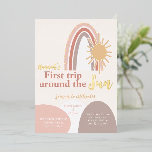 ファーストトリップのまわりにザサンボホ誕生日 箔招待状 (立ち正面)