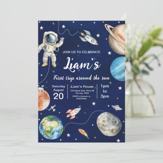 ファーストトリップのまわりにザサン宇宙ファースト誕生日 招待状 (スタンド正面)