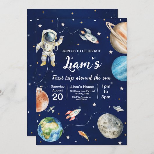 ファーストトリップのまわりにザサン宇宙ファースト誕生日 招待状 (正面/裏面)