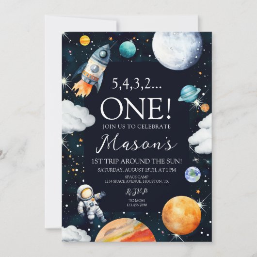 ファーストトリップのまわりにザサン宇宙誕生日 招待状 (正面)