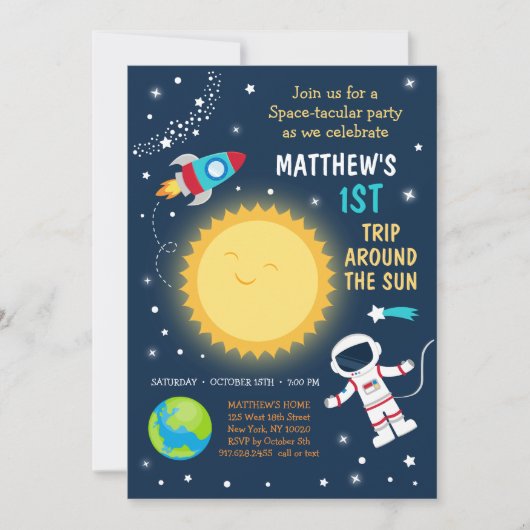ファーストトリップのまわりにザサン宇宙誕生日 招待状 (正面)