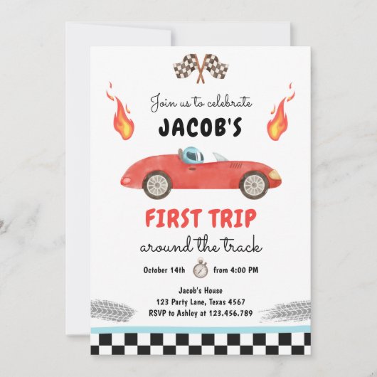ファーストトリップのまわりにザトラックレッドレースカー誕生日 招待状 (正面)