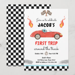 ファーストトリップのまわりにザトラックレッドレースカー誕生日 招待状