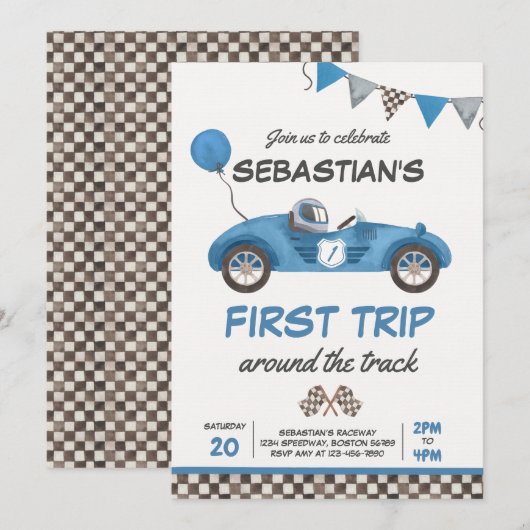 ファーストトリップのまわりに・ザ・トラック・レース・カー1st誕生日 招待状 (正面/裏面)