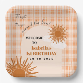 ファーストトリップアラウンドザサン オレンジのチェック柄の誕生日 ペーパープレート