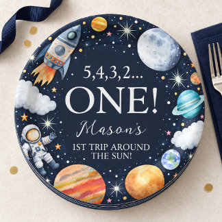 ファーストトリップアラウンドザサン ネイビー スペース 誕生日 ペーパープレート