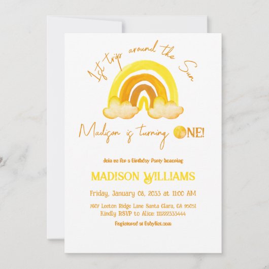 ファーストトリップサンシャインボーホイエローレインボー誕生日 招待状 (正面)