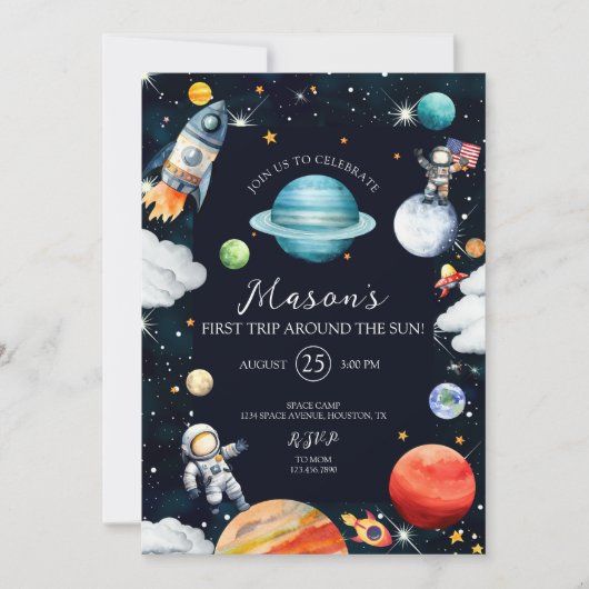 ファーストトリップザのまわりにサンアウタースペース誕生日 招待状 (正面)