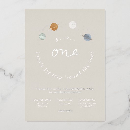 ファーストトリップ宇宙テーマ1stバースデーフォイル招待状 箔招待状 (正面)