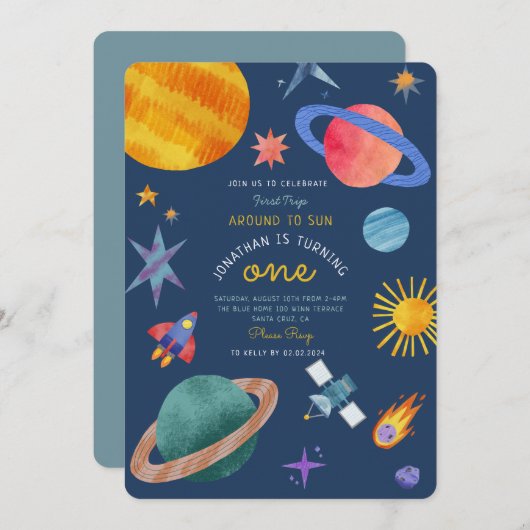 ファーストトリップ宇宙宇宙飛行士1歳 招待状 (正面/裏面)