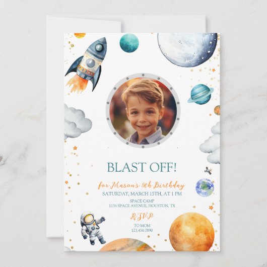 ファーストトリップ宇宙飛行士ロケット写真誕生日 招待状 (正面)