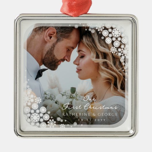 ファーストノールホワイト雪片フレームフォトクリスマス メタルオーナメント (正面)