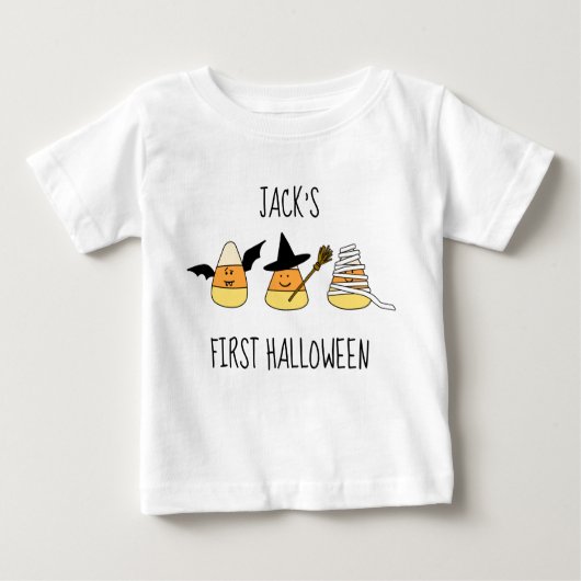 ファーストハパーソナライズされたロウィーンキャンディコーン ベビーTシャツ (正面)