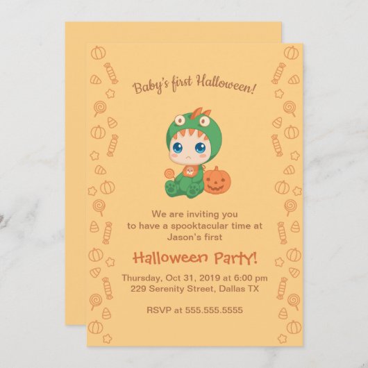 ファーストハロウィーンベビーかわいいドラゴン恐竜パーティー 招待状 (正面/裏面)