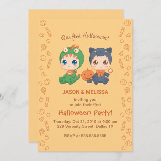 ファーストハロウィーンベビーツインズブラックキャットドラゴンパーティー 招待状 (正面/裏面)