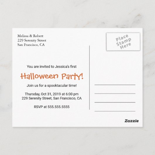 ファーストハロウィーンベビーブラックキャットパーティの招待状 ポストカード (裏面)