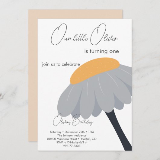 ファーストバースデーパーティカモミール花かわいいパステル 招待状 (正面/裏面)