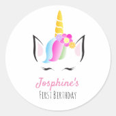 ファーストバースデーパーティユニコーン顔イラストレーション ラウンドシール (正面)