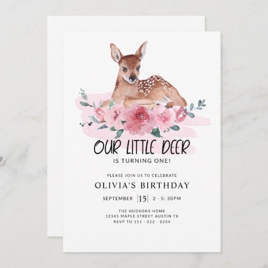 ファーストバースデーパーティリトルディアピンクフローラ 招待状 (正面/裏面)