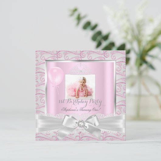 ファーストバースデーパーティーガールズピンクダイヤモンドティアラ2 招待状 (スタンド正面)