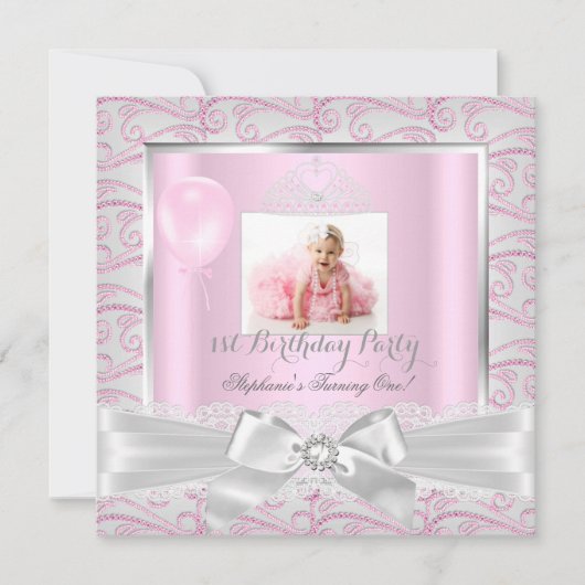 ファーストバースデーパーティーガールズピンクダイヤモンドティアラ2 招待状 (正面)