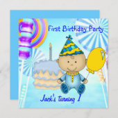 ファーストバースデーパーティーチャイルドズボーイブルーケーキ 招待状 (正面/裏面)