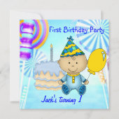 ファーストバースデーパーティーチャイルドズボーイブルーケーキ 招待状 (正面)